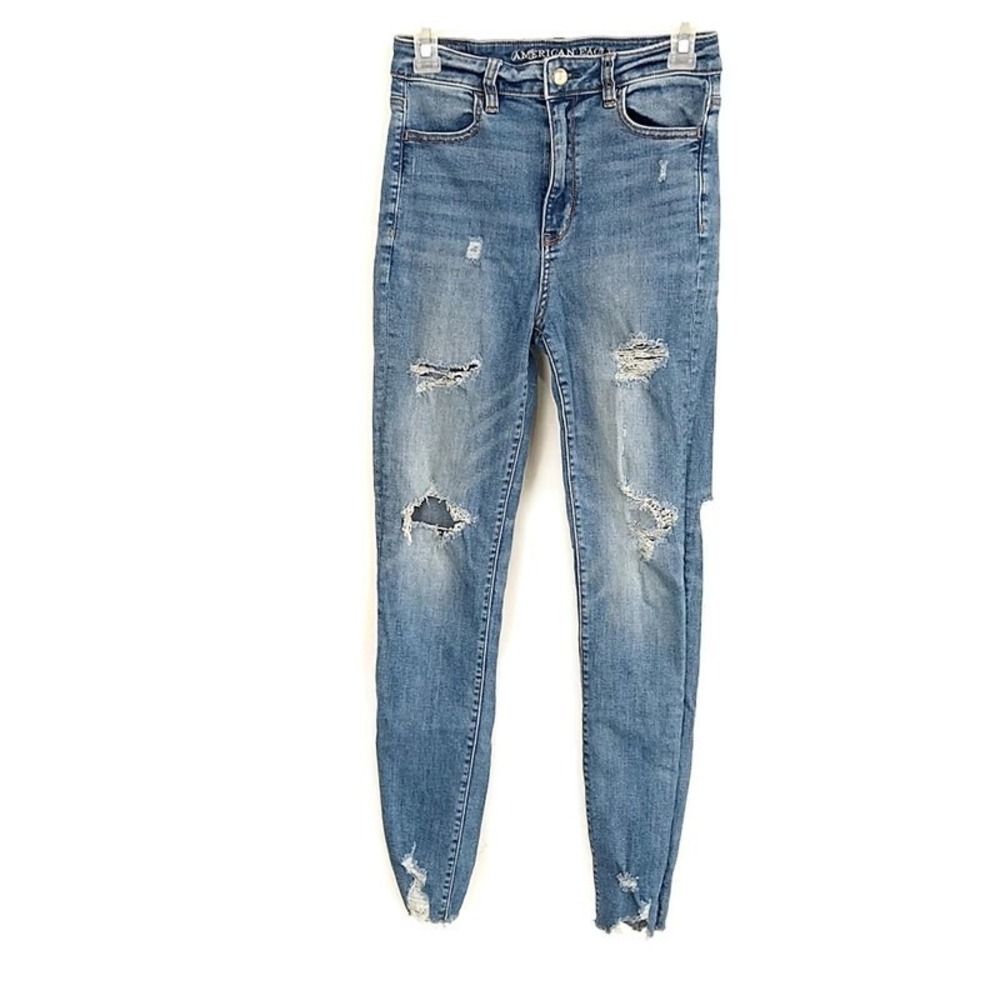 American Eagle Womens sz 4 Jeans Highest Rise Jegging Med Wash Distressed Denim